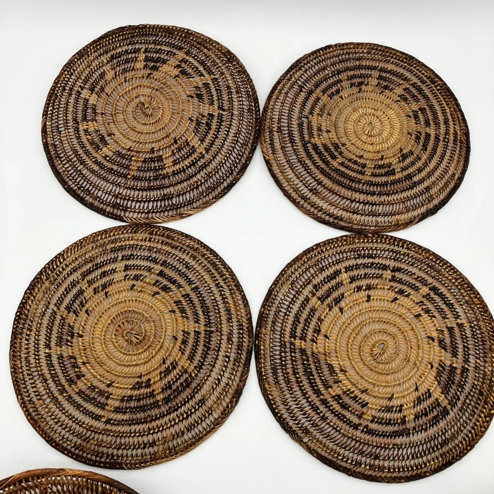 Vintage Woven Rattan Plate Chargers 12 Inch Brown Sunburst Wall Decor Set of 6